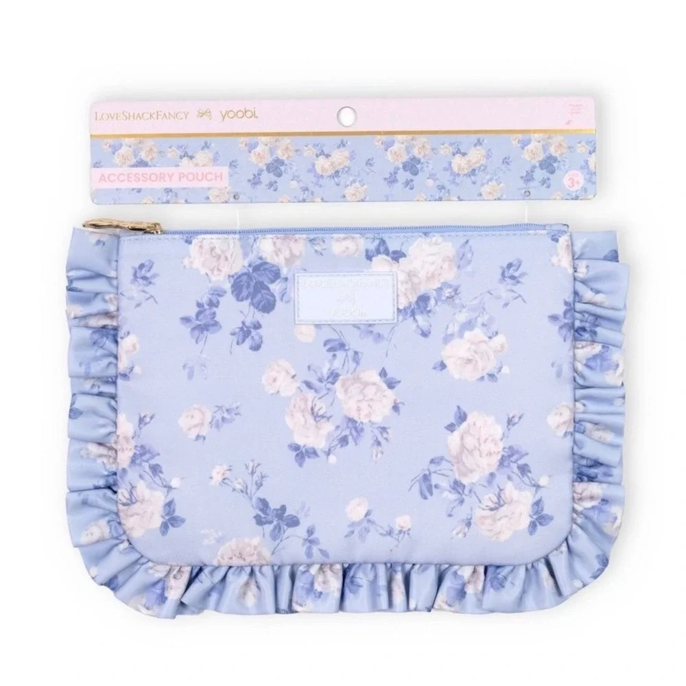 Love Shack Fancy Pencil Case Accessory Pouch Ruffle Floral Blue Zip Bag NEW